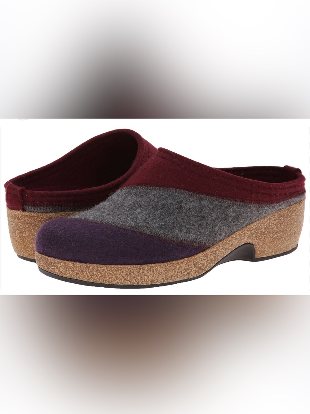 Haflinger Rythm Colorblock Wool Wedge Clogs Mules Burgundy Grey EU 39 / US 8-8.5